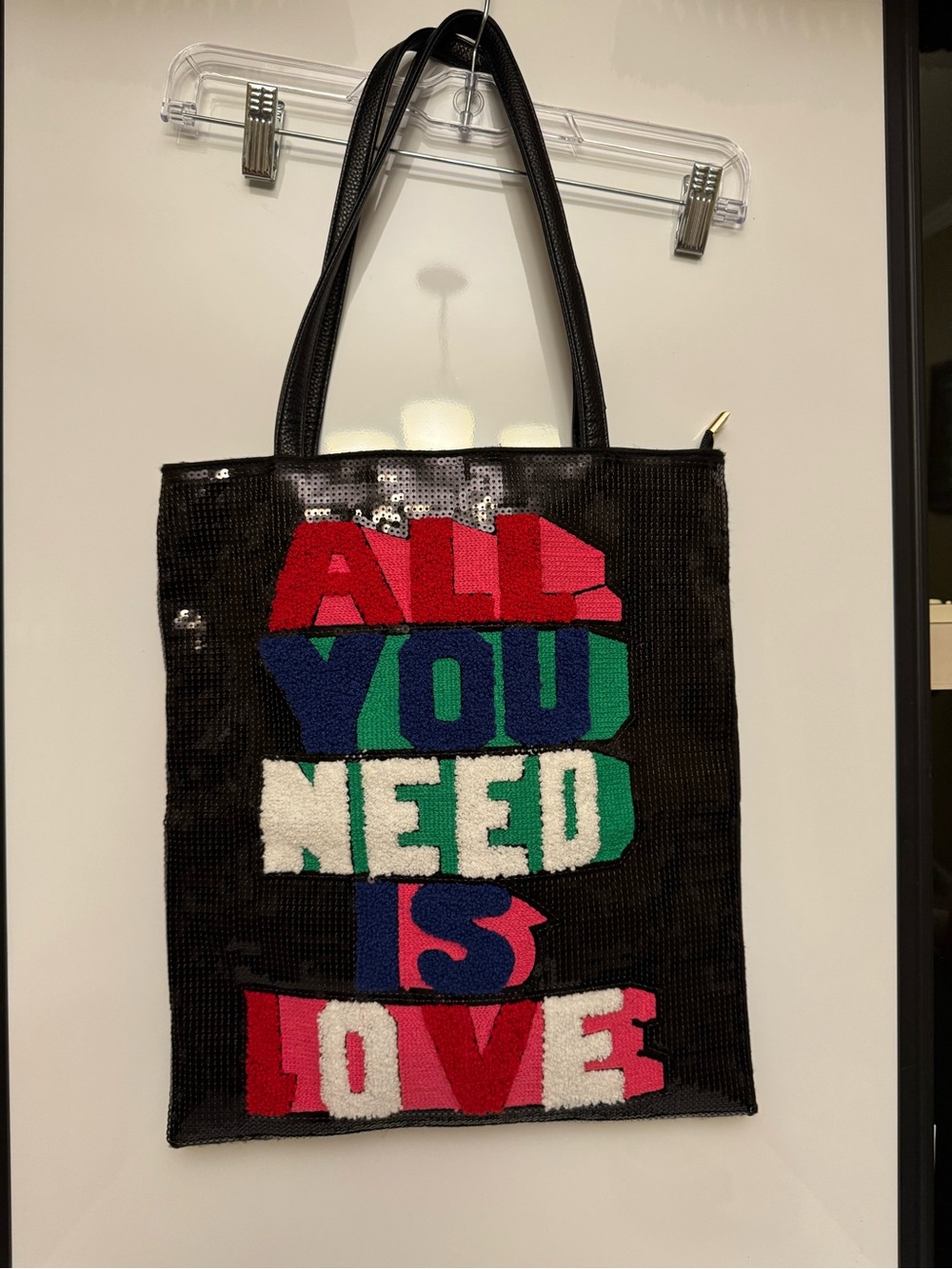 Black Sequin Tote Bag with Colorful "All You Need Is Love" Text